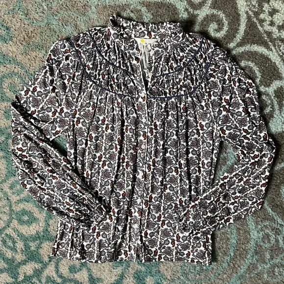 Boden Blue and White Paisley Long-Sleeve Ruffled Yoke Blouse - Picture 5 of 9